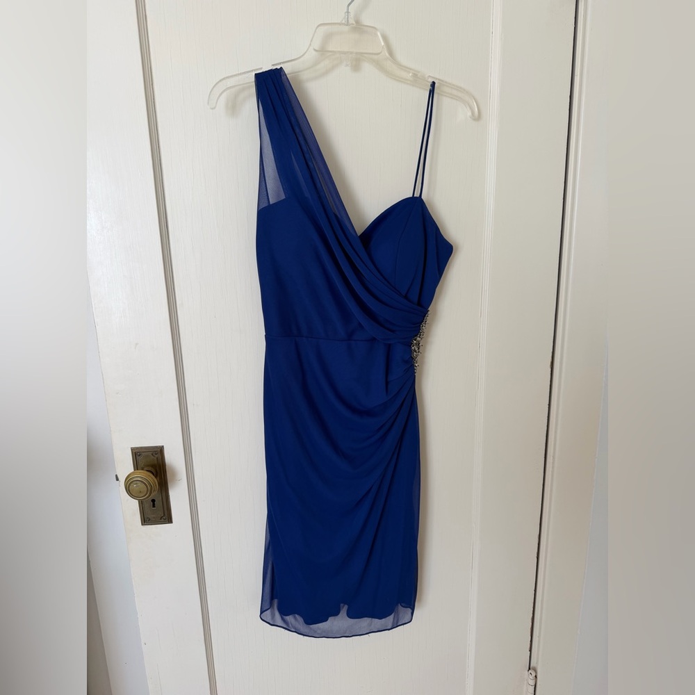 Cache Royal Blue One-Shoulder Dress with Silver Embellishment size 8
